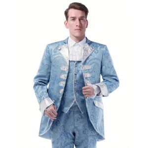 Men's Rococo Court Suit Light Blue Elegant 3PC Tailcoat Vest Pants Set 46-48